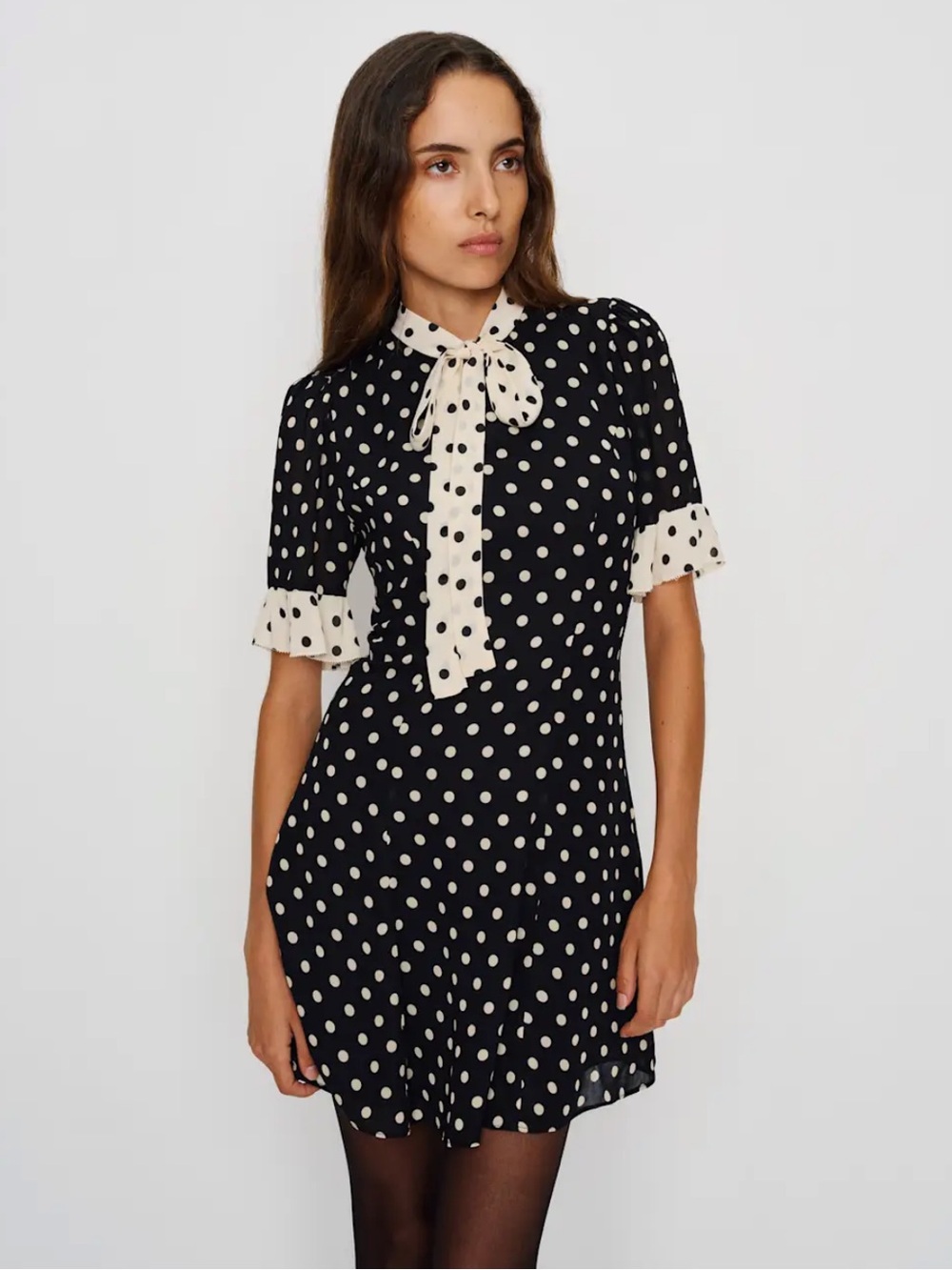 Reformation Whimsical Tie Neck Dress in Licorice Dot